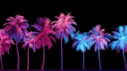 Palm tree with pink and blue neon light. Vibrant artistic night landscape. Tropical summer vacation banner design for party flyer.