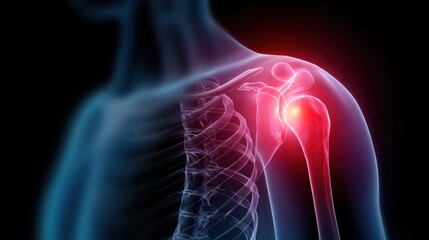 X-ray visualization of human shoulder painful joint showing glowing red inflammation. Medical illustration of injury, trauma or disease for healthcare concept.