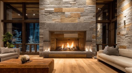 Cozy living room with modern fireplace creating warm ambiance for relaxing evening at winter vacation home. Comfortable interior design and luxury property concept.