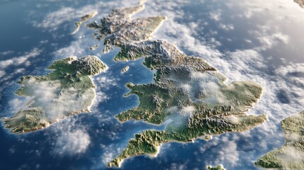 Digital 3D relief map of great Britain and Ireland showing topographical features and cloud cover. Global geography and satellite image concept.