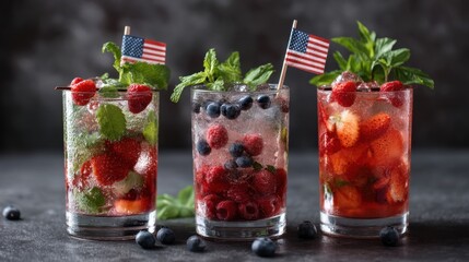 Three refreshing USA flag fruit cocktails with mint leaves and berries for Independence Day celebration.