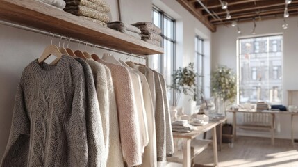 The interior of a clothing store. the store has a high ceiling with wooden beams and large windows that let in natural light.