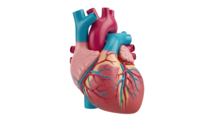 Isolated anatomical heart model with realistic texture in pink, red, and blue colors