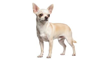 Isolated short-haired Chihuahua dog is posing against a plain studio backdrop while looking away