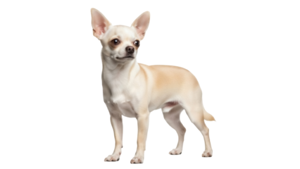 Isolated short-haired Chihuahua dog is posing against a plain studio backdrop while looking away