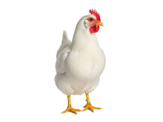 Isolated leucistic hen with red comb and yellow beak standing looking to the right, livestock animal