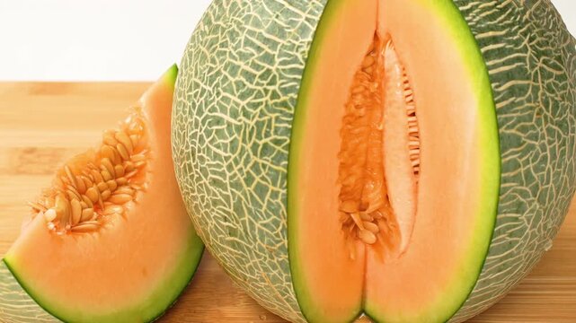 Static close-up of sliced green netted melon revealing orange flesh and seeds. Fresh fruit on wooden board. Healthy food concept.