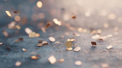 Close-up of a textured surface with small gold glitter particles scattered across it. the glitter particles are of different sizes and shapes, creating a bokeh effect.