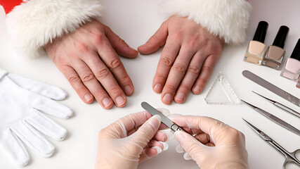 Santa Claus hands receiving nail care with tools and polish on white surface, professional salon atmosphere, beauty industry promotion, spa day , grooming advertisement