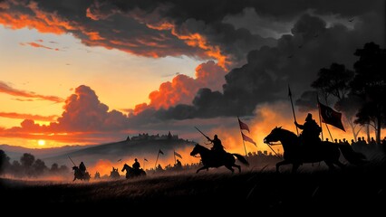 Warriors on sunset background fighting in a medieval battle scene with cavalry and infantry