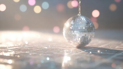Close-up of a disco ball hanging from a string. the disco ball is made up of small squares of different sizes and colors, creating a mirror-like effect.