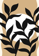 Black leafy branches framing a large white circle against a beige wavy background shape.