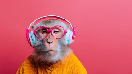 Fototapeta premium A funky monkey wearing bright glasses and colorful headphones, set against a vibrant pink background. Unique style concept.