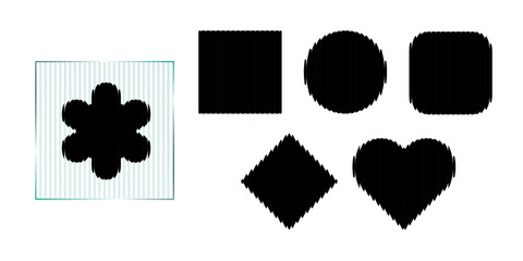 Abstract frost texture logo, ribbed glass overlay. Circle sleek heart, square diamond line, distorted shape. Glitch overlay wavy polycarbonate plate, futuristic aura on dark bg. Fractal stripe button