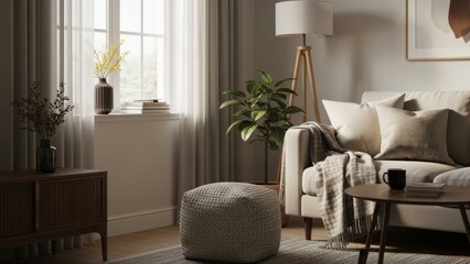 Obraz premium Cozy Living Room Interior Design Modern Home Decor, Neutral Tones, Comfort