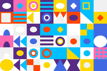 Playful and vibrant abstract background of diverse geometric forms in bright hues