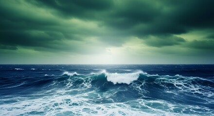 Powerful Ocean Storm Wave Dark Green Sky Wild Moody Seascape