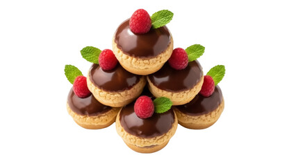 Isolated stack of pastry desserts, chocolate-glazed cream puffs with fresh raspberry topping