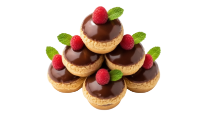 Isolated stack of pastry desserts, chocolate-glazed cream puffs with fresh raspberry topping