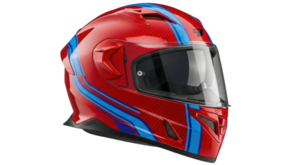 Isolated red motorcycle helmet with blue stripes, safety equipment for head protection