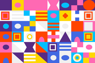 Fototapeta premium Colorful geometric abstract pattern with modern shapes in a vibrant grid layout.