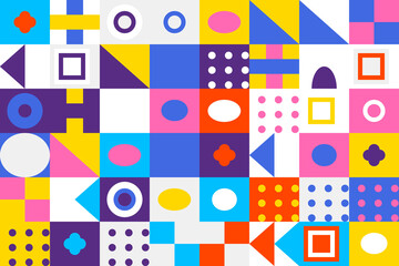 Vibrant abstract geometric pattern with diverse shapes in a playful design.