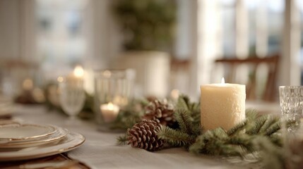 Close-up of a dining table set for a christmas dinner. the table is covered with a beige tablecloth and is decorated with greenery and pine cones.