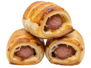 Isolated sausage rolls, stacked to showcase flaky golden brown puff pastry and tasty meat filling