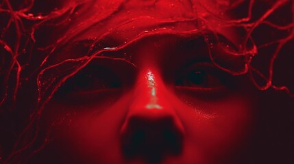 A close-up of a human face bathed in intense red light, creating a mysterious and abstract visual effect.