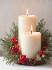 Rustic Christmas candle with pine and berries