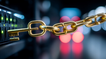 Golden chain lock data security cyber defense network server encryption key access control secure connection information protection cyber risk digital safety bring hope for financial growth into