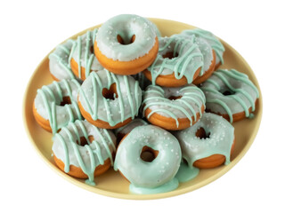 Isolated plate of iced donuts for breakfast, sweets, dessert, pastry shop or bakery items