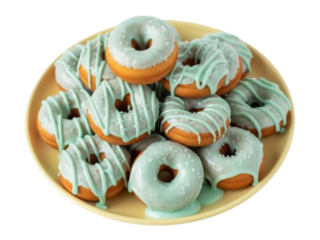 Isolated plate of iced donuts for breakfast, sweets, dessert, pastry shop or bakery items