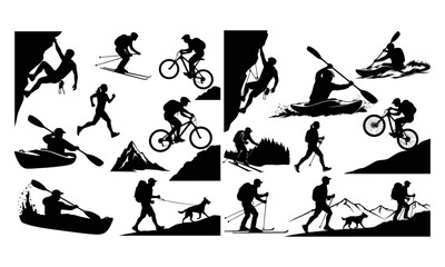 Outdoor adventure sports activity silhouette set; rock climbing, skiing, biking