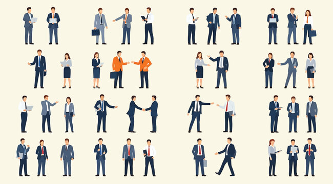 Grid of illustrated business professionals in various poses and interactions, including handshakes, discussions, and presentations, symbolizing workplace diversity, communication, and professional beh