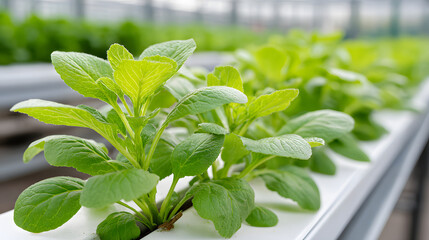 Lettuce growing in a greenhouse during the day in a hydroponic system with rows of plants and bright green leaves