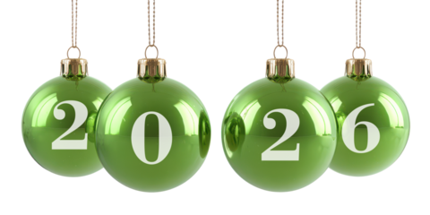 bright green hanging christmas balls with new year number 2026 isolated on white or transparent png