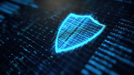 Digital cybersecurity shield icon on a dark blue background with abstract data.
