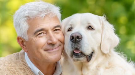 Happy senior man embracing friendly dog outdoors, showing companionship, joy and emotional bond between human and pet.