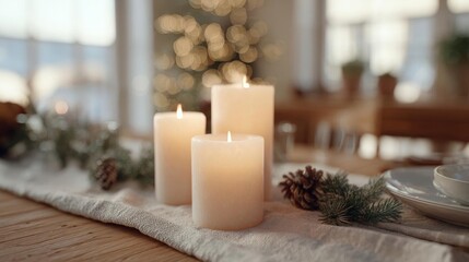 Wooden table with three white candles on it. the table is covered with a beige tablecloth and is decorated with pine cones and greenery. the candles are lit, creating a warm and cozy atmosphere.