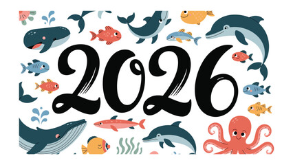 Fototapeta premium Year 2026: Aquatic Charm: An illustration for a design with the year 2026, embellished with playful sea creatures, evoking the spirit of the ocean in a colorful and captivating design.