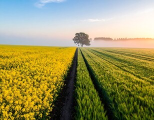 Fields of yellow flowers and green crops meet under a soft, hazy morning light