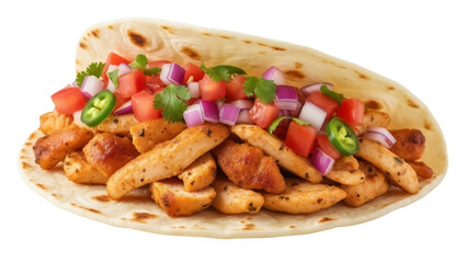 Isolated Chicken Fajita Taco on Tortilla with Red Onion and Tomatoes, Cilantro Garnish