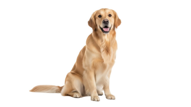 Isolated golden retriever sitting pretty looking at the camera with its mouth open and tongue showing