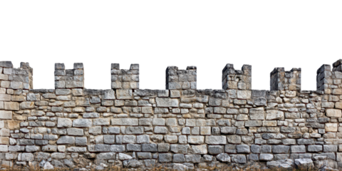 old stone wall or medieval castle wall isolated on white or transparent png