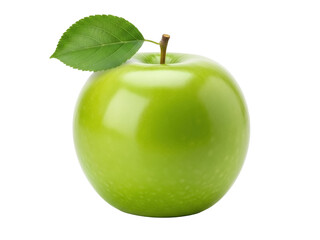 Isolated Granny Smith apple with stem and leaf in studio lighting for healthy food concepts