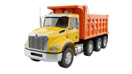 Isolated yellow and orange dump truck with three axles on a neutral background, side view