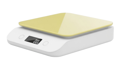 Isolated digital kitchen scale with a yellow top for food measurement and portion control