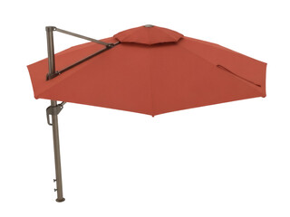 Isolated red cantilever umbrella for outdoor patio space is shown against a blank backdrop