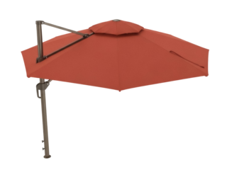 Isolated red cantilever umbrella for outdoor patio space is shown against a blank backdrop
